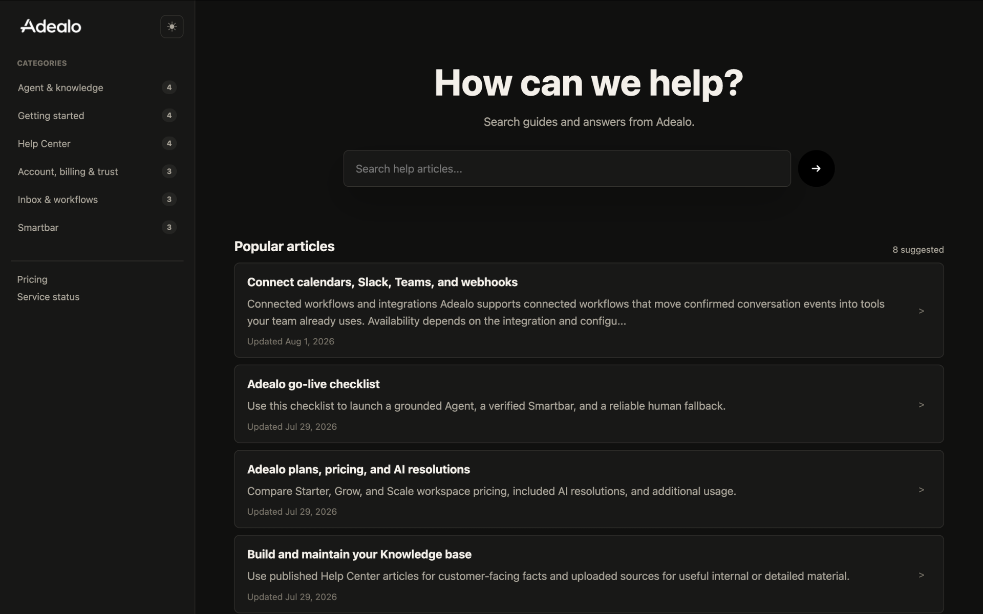 Published articles and search in the Adealo Help Center